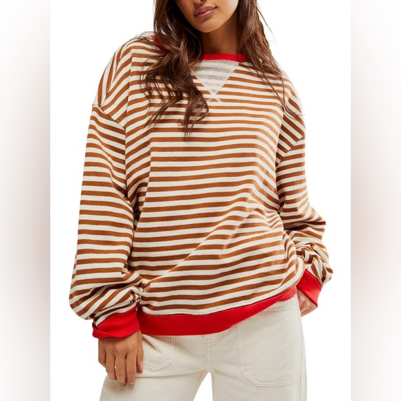 Free People Classic Striped Oversized Crewneck Coffee Combo size XL - Picture 10 of 10
